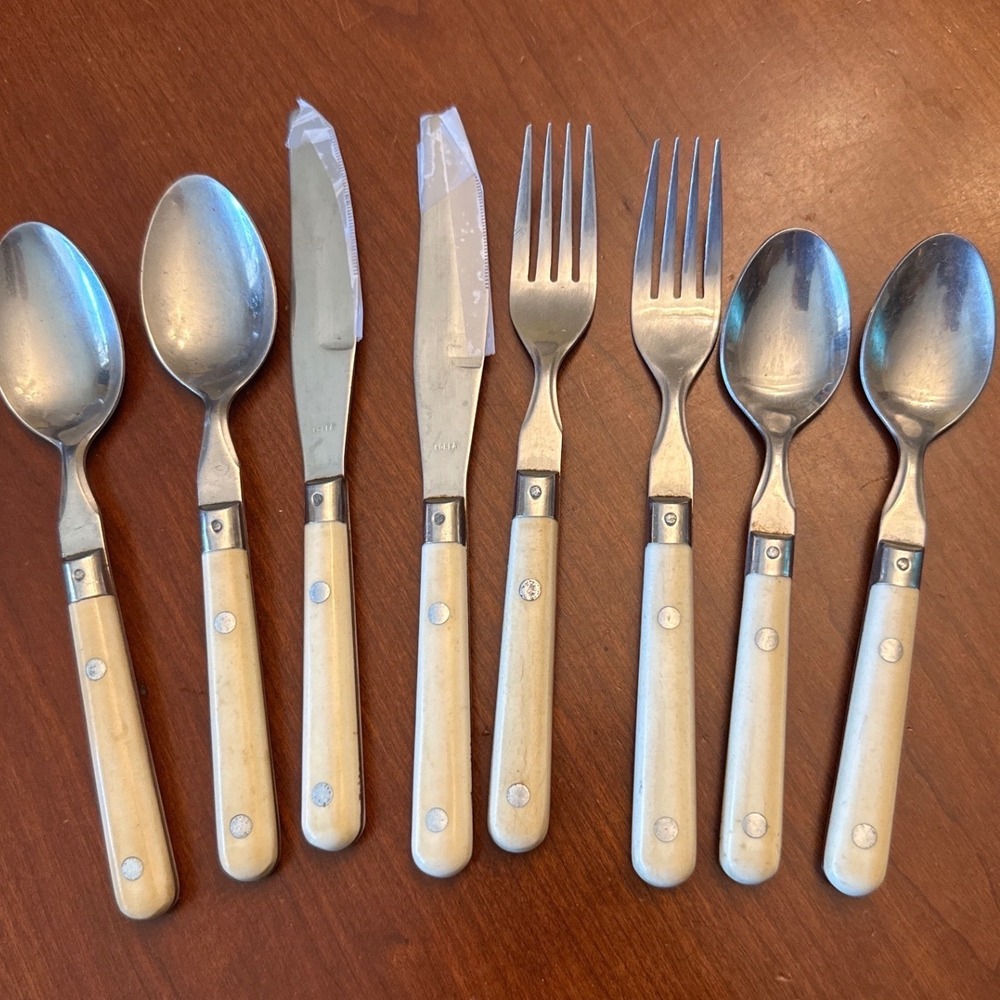 Mardi‎ Gras Korea Stainless silverware 2 sets w 4 pieces ea ivory midcentury vtg